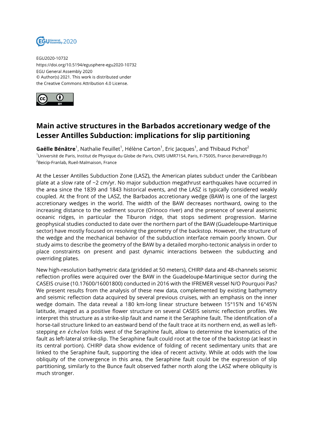 Active Structures in the Barbados Accretionary Wedge of the Lesser Antilles Subduction: Implications for Slip Partitioning