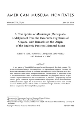 A New Species of Marmosops (Marsupialia, Didelphidae) from The