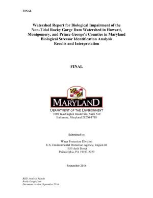 Rocky Gorge Dam Watershed in Howard, Montgomery, and Prince George’S Counties in Maryland Biological Stressor Identification Analysis Results and Interpretation