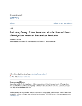 Preliminary Survey of Sites Associated with the Lives and Deeds of Foreign-Born Heroes of the American Revolution