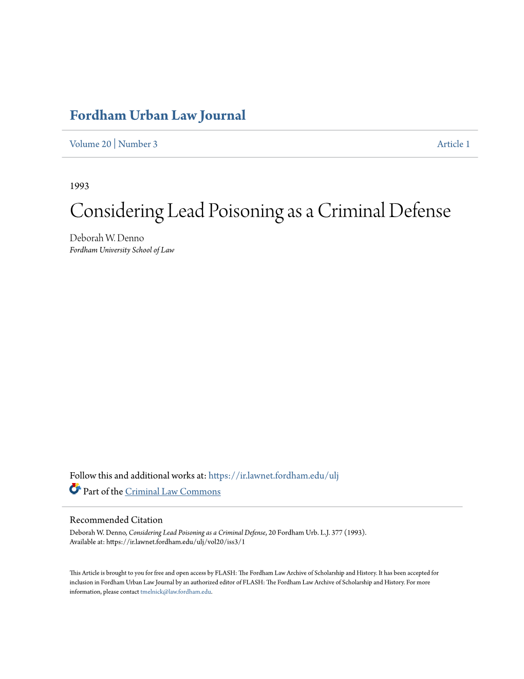 Considering Lead Poisoning As a Criminal Defense Deborah W