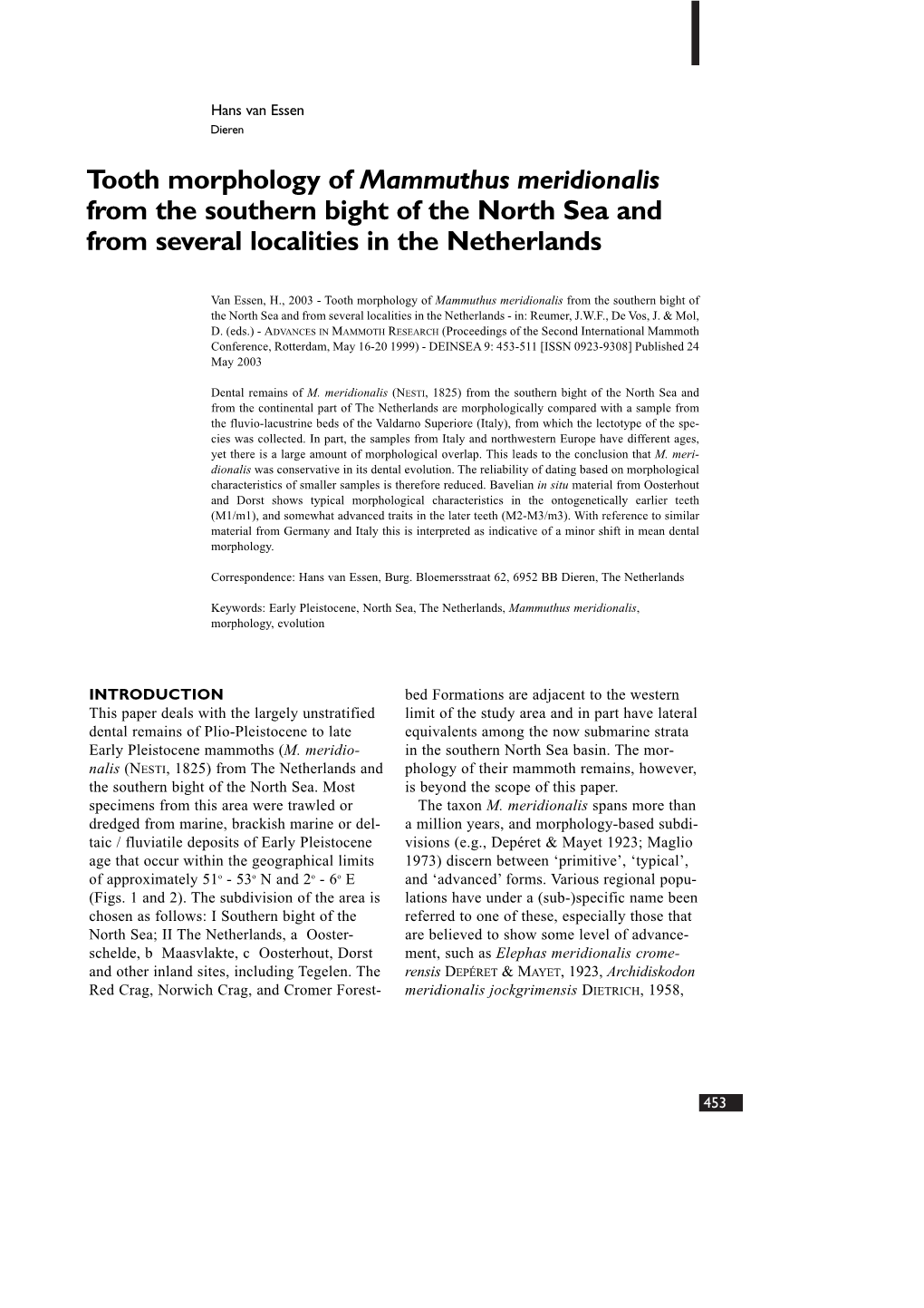 Tooth Morphology of Mammuthus Meridionalis from the Southern Bight of the North Sea and from Several Localities in the Netherlands