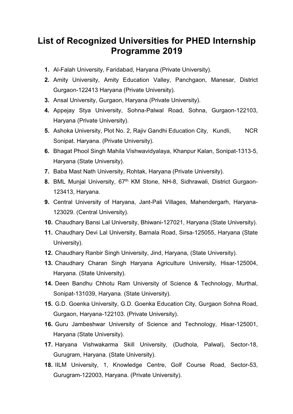 List of Recognized Universities for PHED Internship Programme 2019