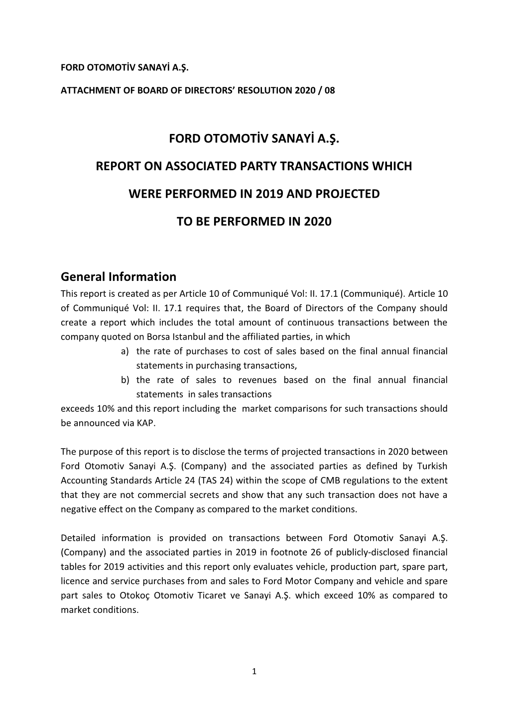 Ford Otomotiv Sanayi A.Ş. Report on Associated Party
