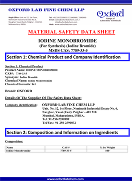 MATERIAL SAFETY DATA SHEET IODINE MONOBROMIDE (For Synthesis) (Iodine Bromide) MSDS CAS: 7789-33-5