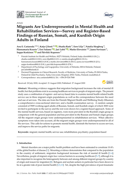 Migrants Are Underrepresented in Mental Health and Rehabilitation Services—Survey and Register-Based Findings of Russian, Somali, and Kurdish Origin Adults in Finland
