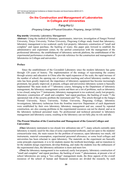 On the Construction and Management of Laboratories in Colleges and Universities Fang-Hui Li (Pingxiang College of Physical Education, Pingxiang, Jiangxi 337055)