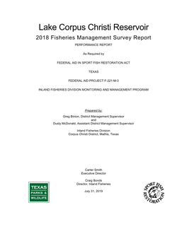 Lake Corpus Christi Reservoir 2018 Fisheries Management Survey Report PERFORMANCE REPORT