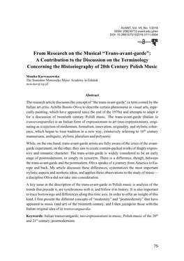 From Research on the Musical “Trans-Avant-Garde”: a Contribution to the Discussion on the Terminology Concerning the Historiography of 20Th Century Polish Music