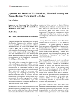 Japanese and American War Atrocities, Historical Memory and Reconciliation: World War II to Today