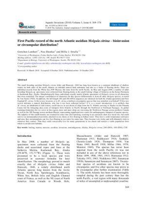 First Pacific Record of the North Atlantic Ascidian Molgula Citrina – Bioinvasion Or Circumpolar Distribution?