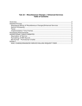 Tab 23 – Miscellaneous Charges / Enhanced Services Table of Contents