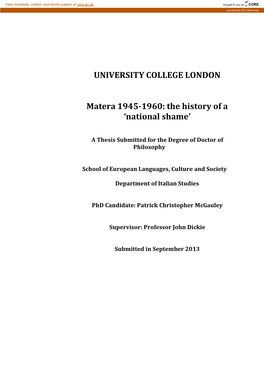 UNIVERSITY COLLEGE LONDON Matera 1945-1960: the History of A