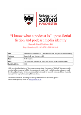 Post-Serial Fiction and Podcast Media Identity Hancock, D and Mcmurtry, LG