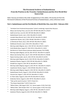 Saskatchewan and the First World War Source List