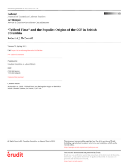 And the Populist Origins of the CCF in British Columbia Robert A.J