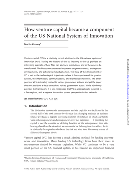 How Venture Capital Became a Component of the US National System of Innovation