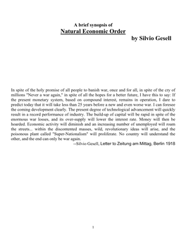 A Brief Synopsis of Natural Economic Order by Silvio Gesell