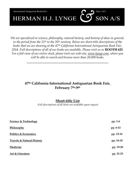 47Th California International Antiquarian Book Fair, February 7Th-9Th Short-Title