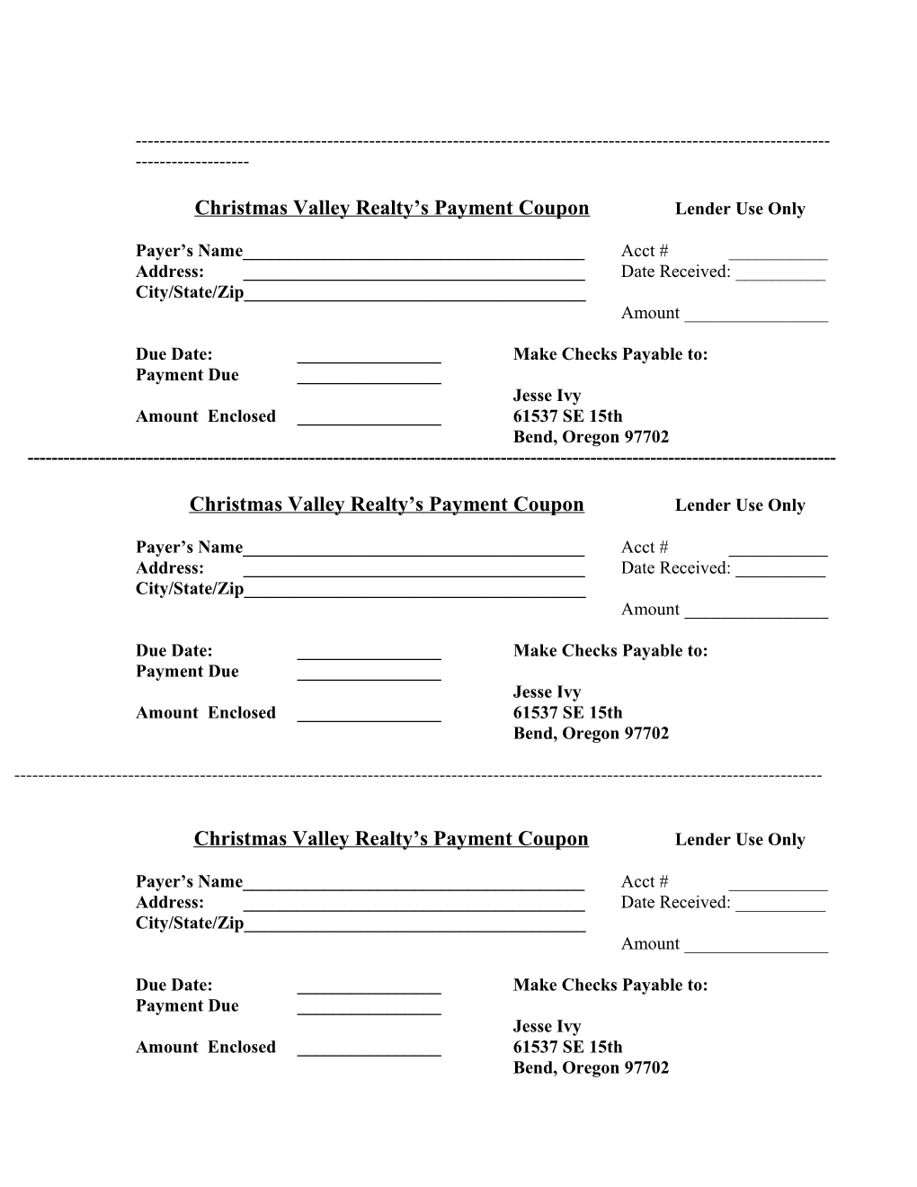 Christmas Valley Realty S Payment Coupon Lender Use Only