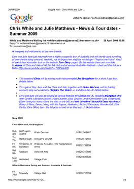 Chris While and Julie Matthews - News & Tour Dates - Summer 2009