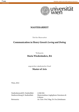 MASTERARBEIT Communication in Henry Green's Loving and Doting