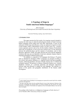 A Typology of Stops in South American Indian Languages*