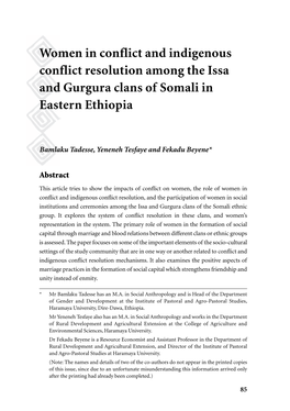 Women in Conflict and Indigenous Conflict Resolution Among the Issa and Gurgura Clans of Somali in Eastern Ethiopia