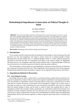 Methodological Impediments to Innovation on Political Thought of Islam