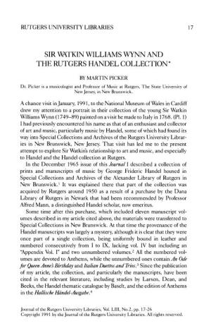 Sir Watkin Williams Wynn and the Rutgers Handel Collection*