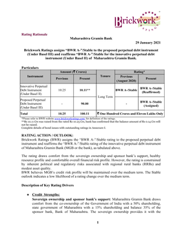 Rating Rationale Maharashtra Gramin Bank 29 January 2021 Brickwork Ratings Assigns “BWR A-”/Stable to the Proposed Perpetua