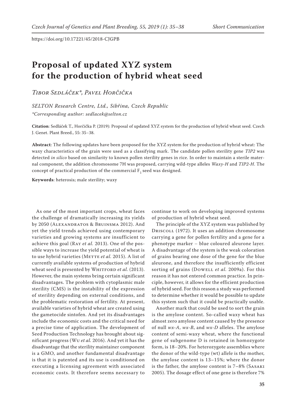 Proposal of Updated XYZ System for the Production of Hybrid Wheat Seed