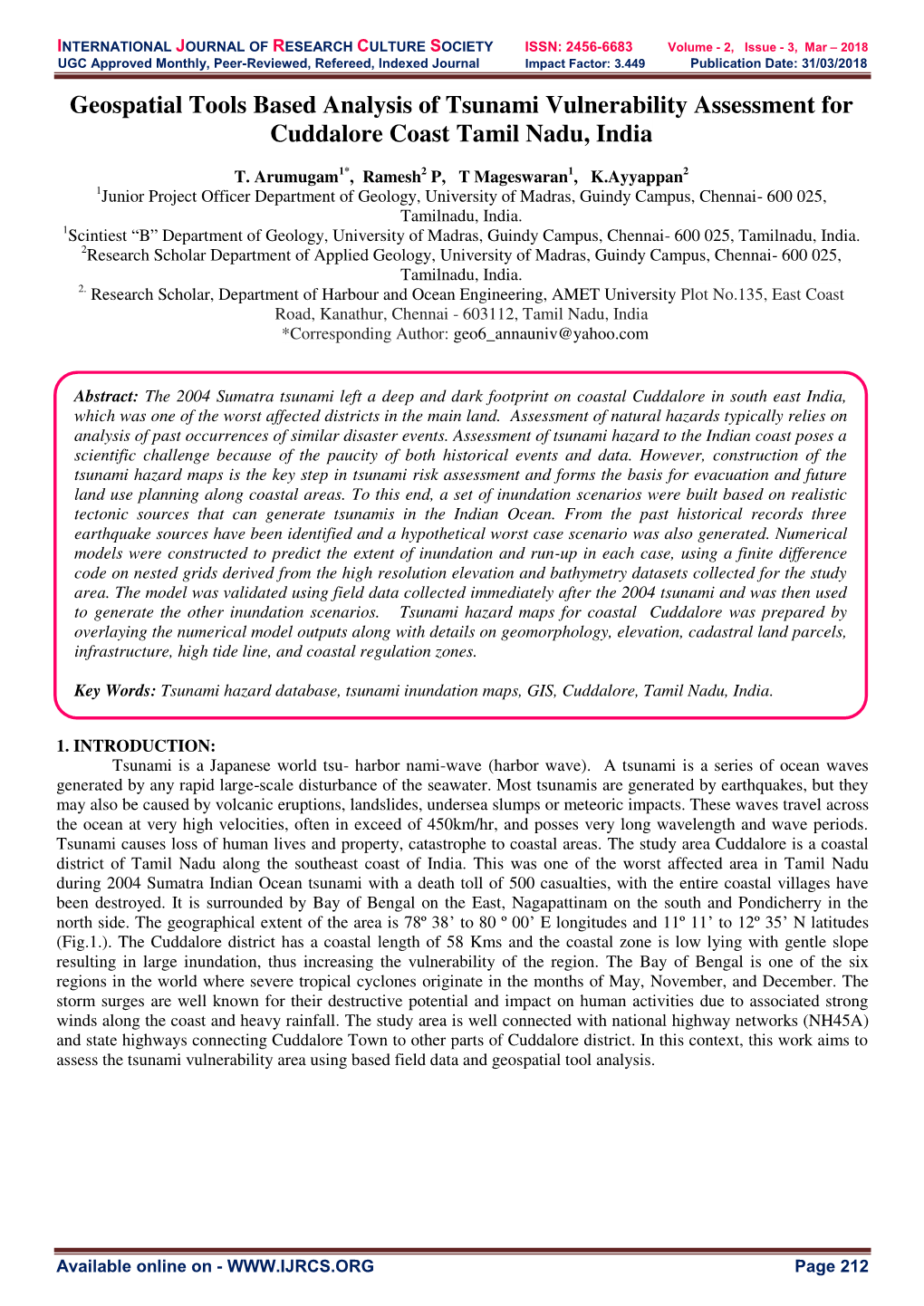 Geospatial Tools Based Analysis of Tsunami Vulnerability Assessment for Cuddalore Coast Tamil Nadu, India