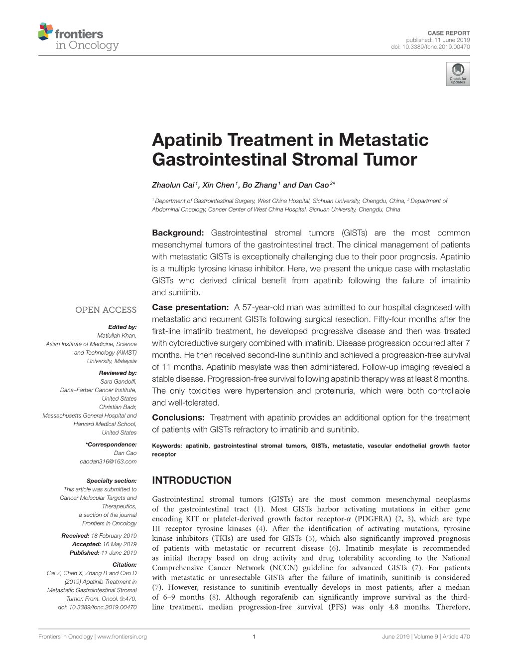 Apatinib Treatment in Metastatic Gastrointestinal Stromal Tumor