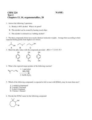 CHM 224 Test 2 Chapters 13, 14, Organometallics, 20 NAME