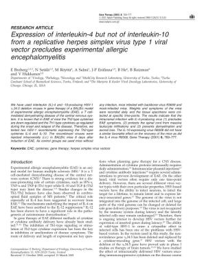Expression of Interleukin-4 but Not of Interleukin-10 from a Replicative Herpes Simplex Virus Type 1 Viral Vector Precludes Experimental Allergic Encephalomyelitis