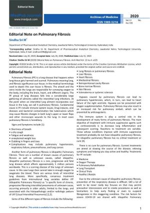 Editorial Note on Pulmonary Fibrosis Sindhu Sri M*