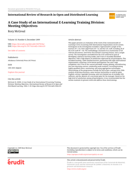 A Case Study of an International E-Learning Training Division: Meeting Objectives Rory Mcgreal