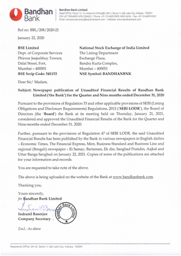 Newspaper Publication of Unaudited Financial Results of Bandhan Bank Limited ('The Bank') for the Quarter and Nine Months Ended December 31, 2020