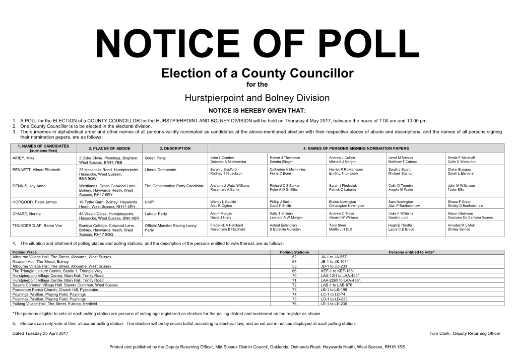 NOTICE of POLL Election of a County Councillor for The