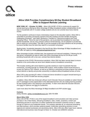 Altice USA Provides Complimentary 60-Day Student Broadband Offer to Support Remote Learning
