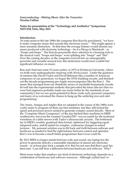 Semiconducting – Making Music After the Transistor Nicolas Collins Notes for Presentation at the “Technology and Aesthetics