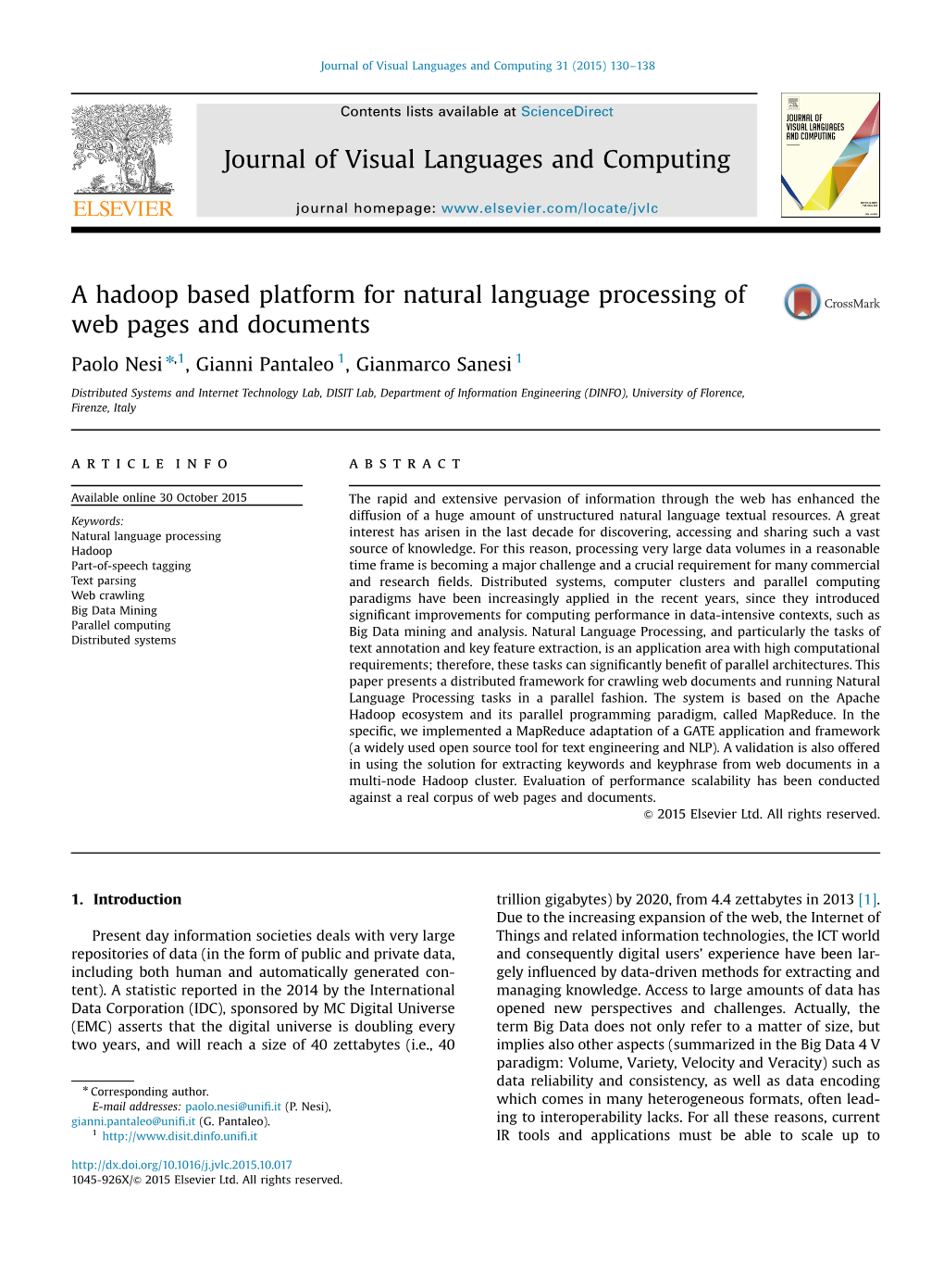 A Hadoop Based Platform for Natural Language Processing of Web Pages and Documents