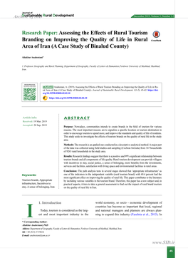 Assessing the Effects of Rural Tourism Branding on Improving the Quality of Life in Rural Crossmark Area of Iran (A Case Study of Binalud County)