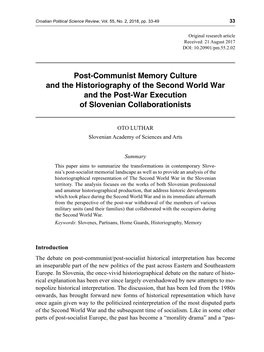 Post-Communist Memory Culture and the Historiography of the Second World War and the Post-War Execution of Slovenian Collaborationists