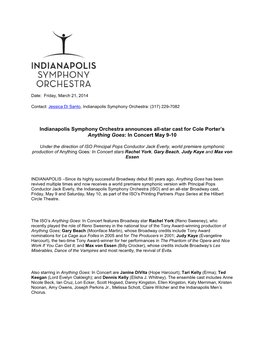 Indianapolis Symphony Orchestra Announces All-Star Cast for Cole Porter’S Anything Goes: in Concert May 9-10