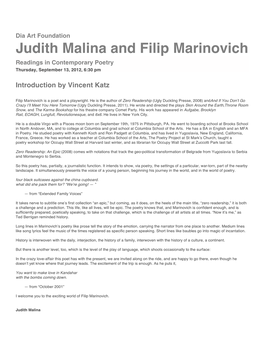Judith Malina and Filip Marinovich Readings in Contemporary Poetry Thursday, September 13, 2012, 6:30 Pm