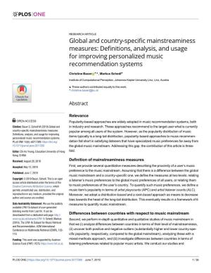 Global and Country-Specific Mainstreaminess Measures: Definitions, Analysis, and Usage for Improving Personalized Music Recommendation Systems