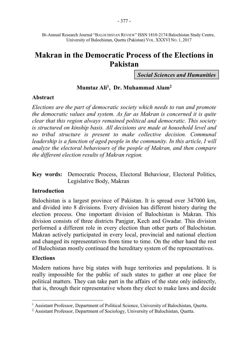 Makran in the Democratic Process of the Elections in Pakistan Social Sciences and Humanities