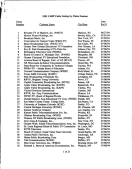 1993 CARP Cable Listing by Claim Number Rec'd 06/27/94 07/01/94